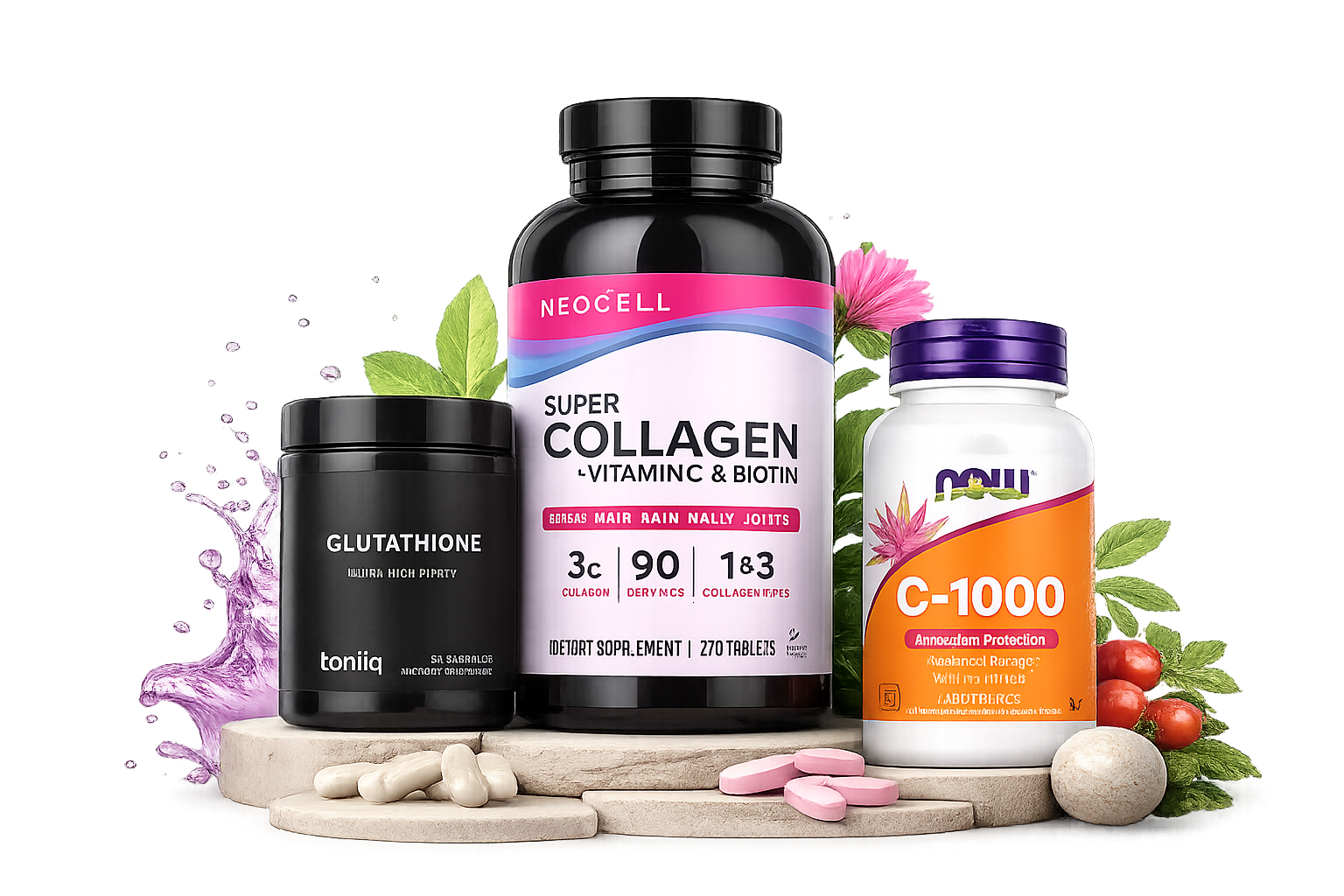 Pure Herbs premium supplement collection with collagen, glutathione and NOW C-1000