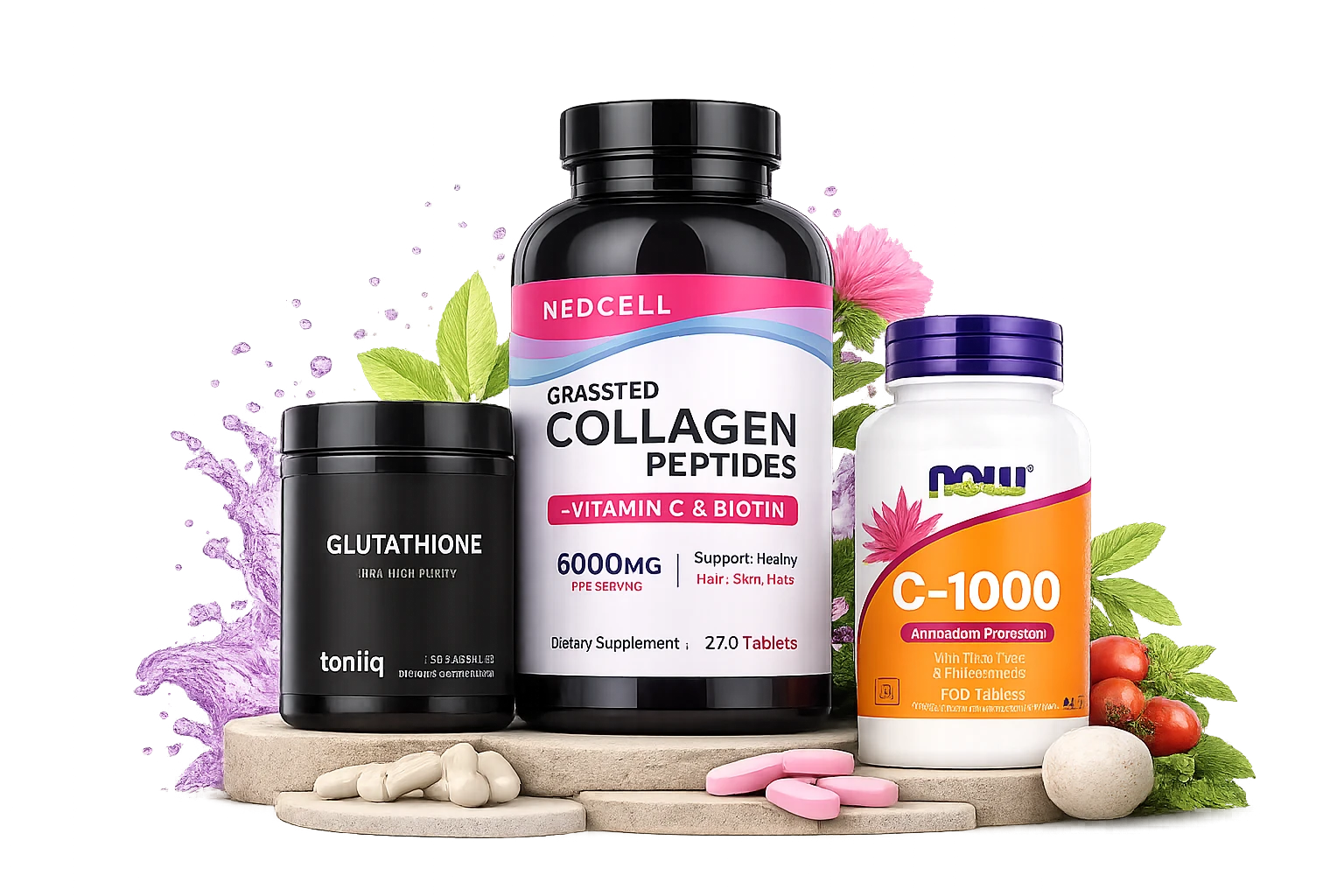 Pure Herbs premium supplement collection with collagen, glutathione and NOW C-1000